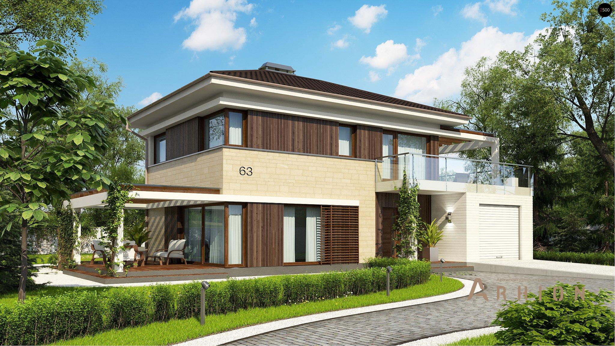 1. Проект двухэтажного дома в современном стиле с четырехскатной, Zx63 B, площадью - 128 кв c терассой, гаражом